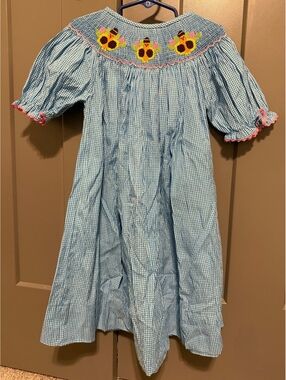 NOLA Smocked Embroidered Blue Gingham Girls' Dress with Turkey Design Size 7T